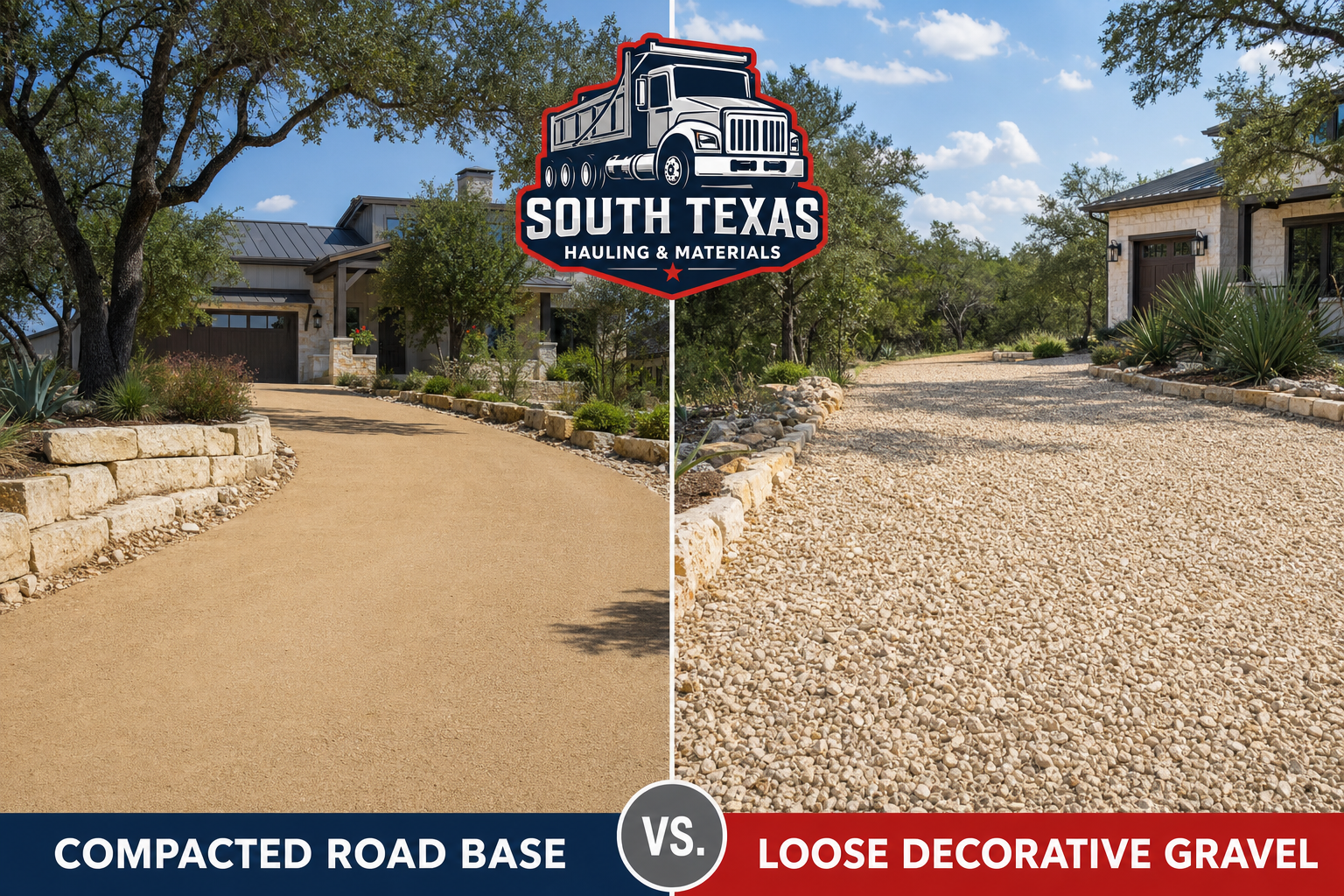 Side-by-side comparison showing compacted road base surface on left and loose decorative gravel on right, both in residential driveway settings in San Antonio Hill Country
